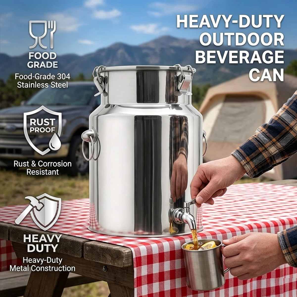 Lechera Acero Inoxidable 5L 8L 9L 10L 14L 28L Resistente con Tapa y Asa Jarra de Leche Hermética para Almacenamiento Seguro de Alimentos y Líquidos(No Spigot,7L/1.85Gal)