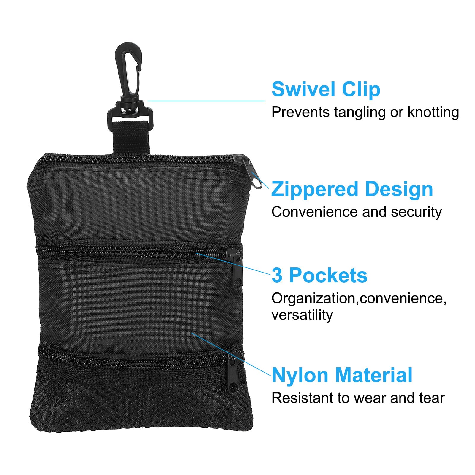 PATIKIL Golf Pouch Bag 7.8x7 Inch, 3 Zippered Golf Ball Bag with Clip Valuables Tee Pouch Multi Pocket for Men Women Holder Black - Image 3