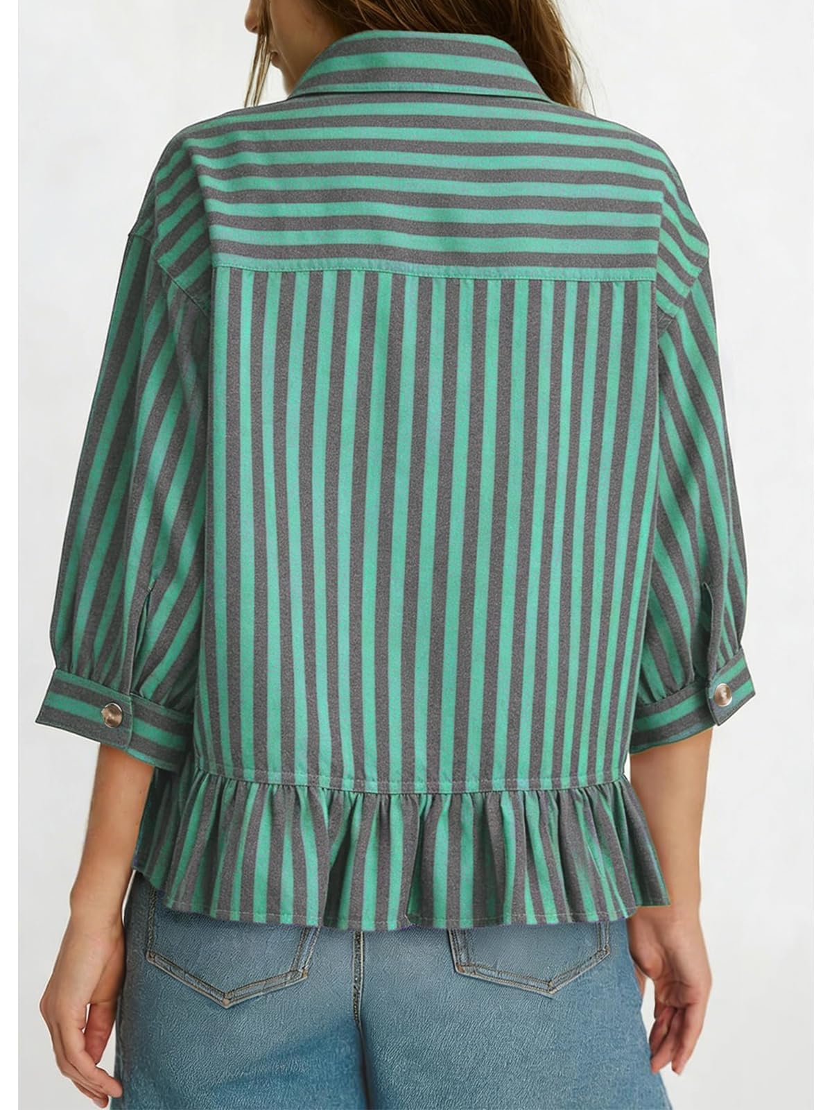Camicie da donna con bottoni, stile boho, a righe, maniche a 3/4, orlo increspato, ampio, elegante, casual, elegante, lavoro, ufficio