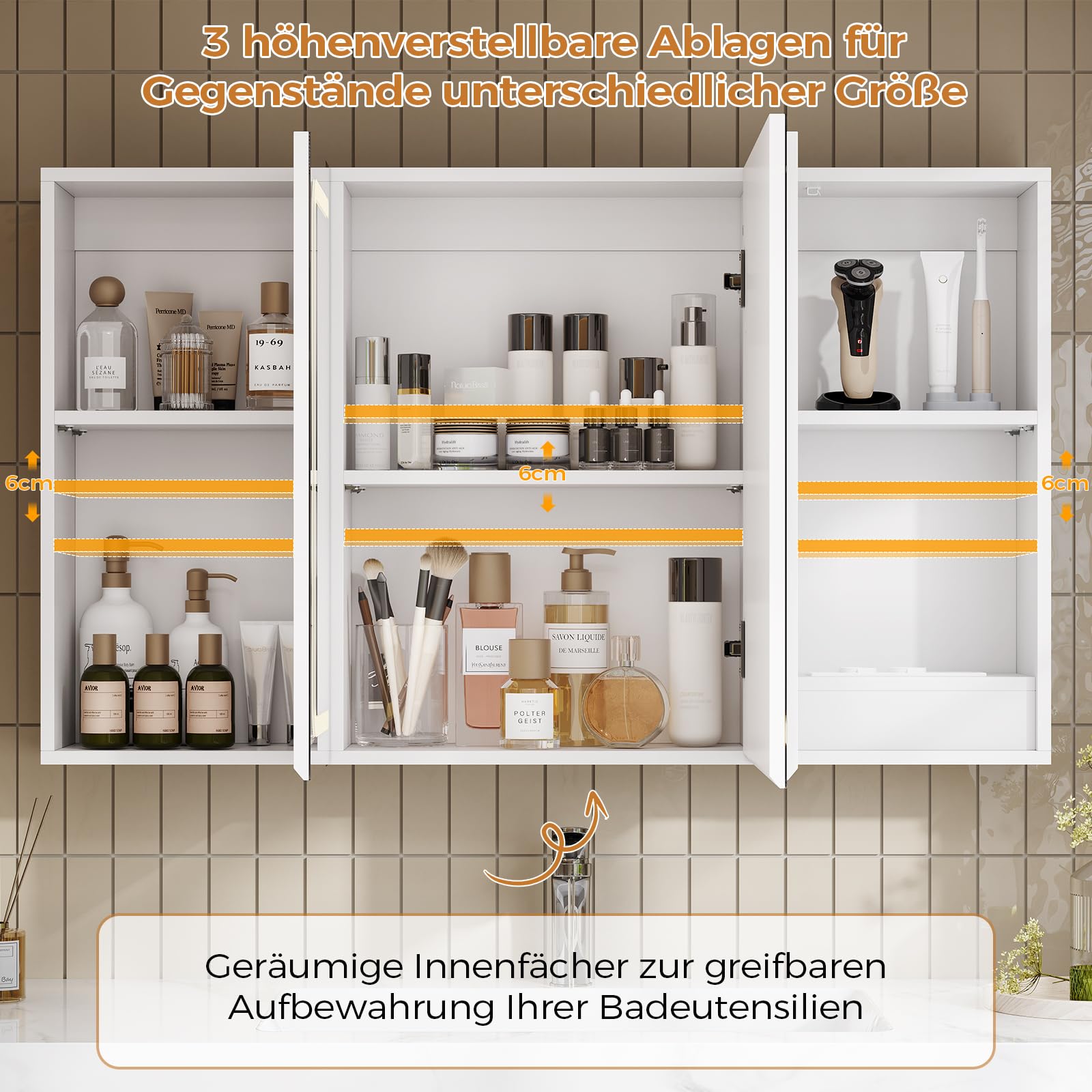 Spiegelschrank Bad 100 cm breit mit LED-Beleuchtung, Steckdose & 3 Farbtemperaturen | Dimmbarer Badezimmerschrank mit Touch-Sensor 60×100×16 cm (H×B×T) | Spiegel +3 verstellbaren Regalen