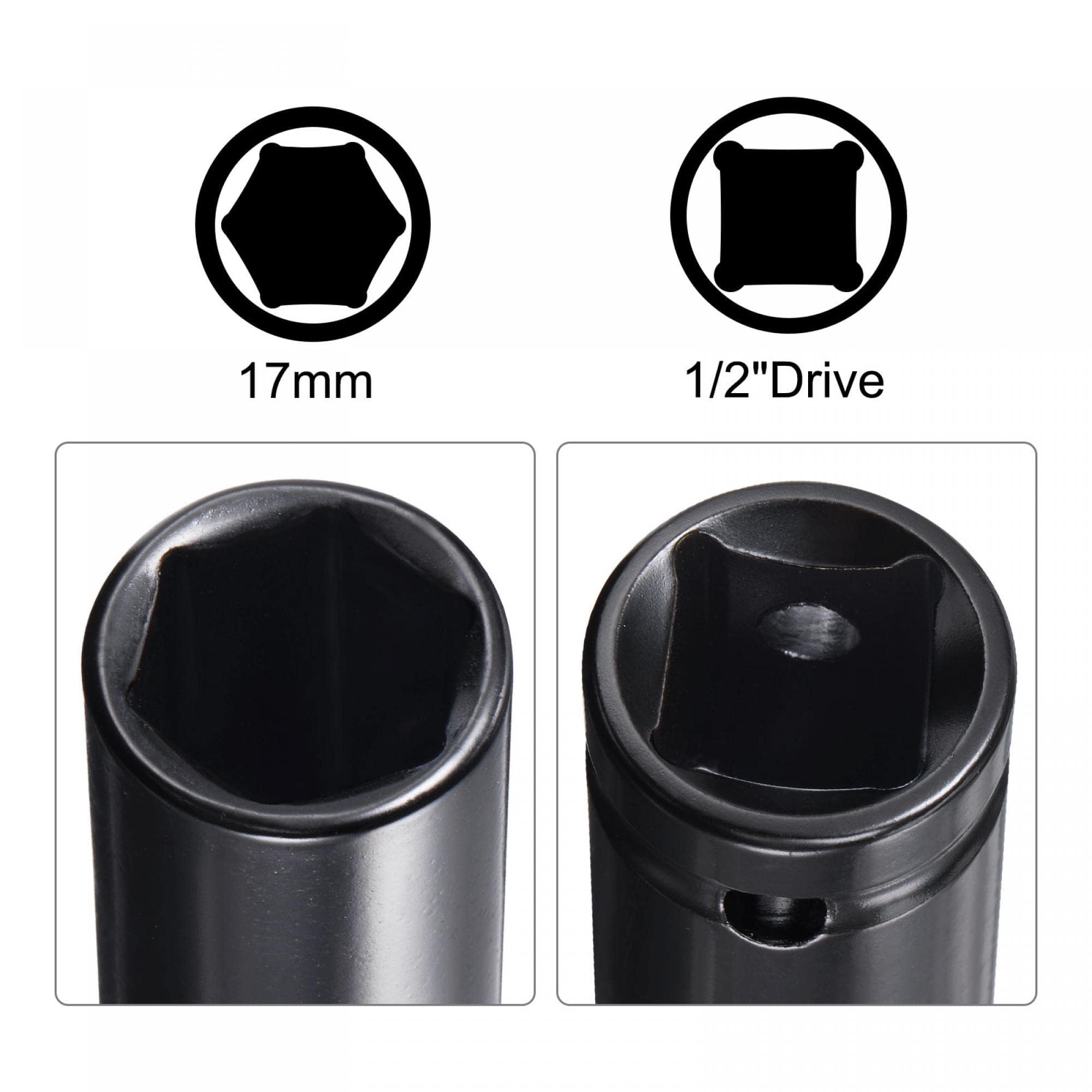 TA-VIGOR 1/2" Drive Socket Accessory Set, 17mm 6-Point Deep Impact Sockets 8" Length and 1/2" to 1/4" Hex Shank Adapters - Image 3