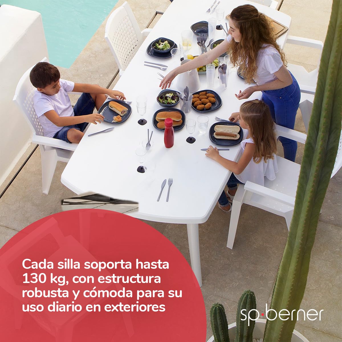 SP Berner SHAF - Pack 4 Sillas - Jardín Exterior y Terraza - Plástico Reciclado Resistente UV - Apilables - Modelo Metal - Blanco