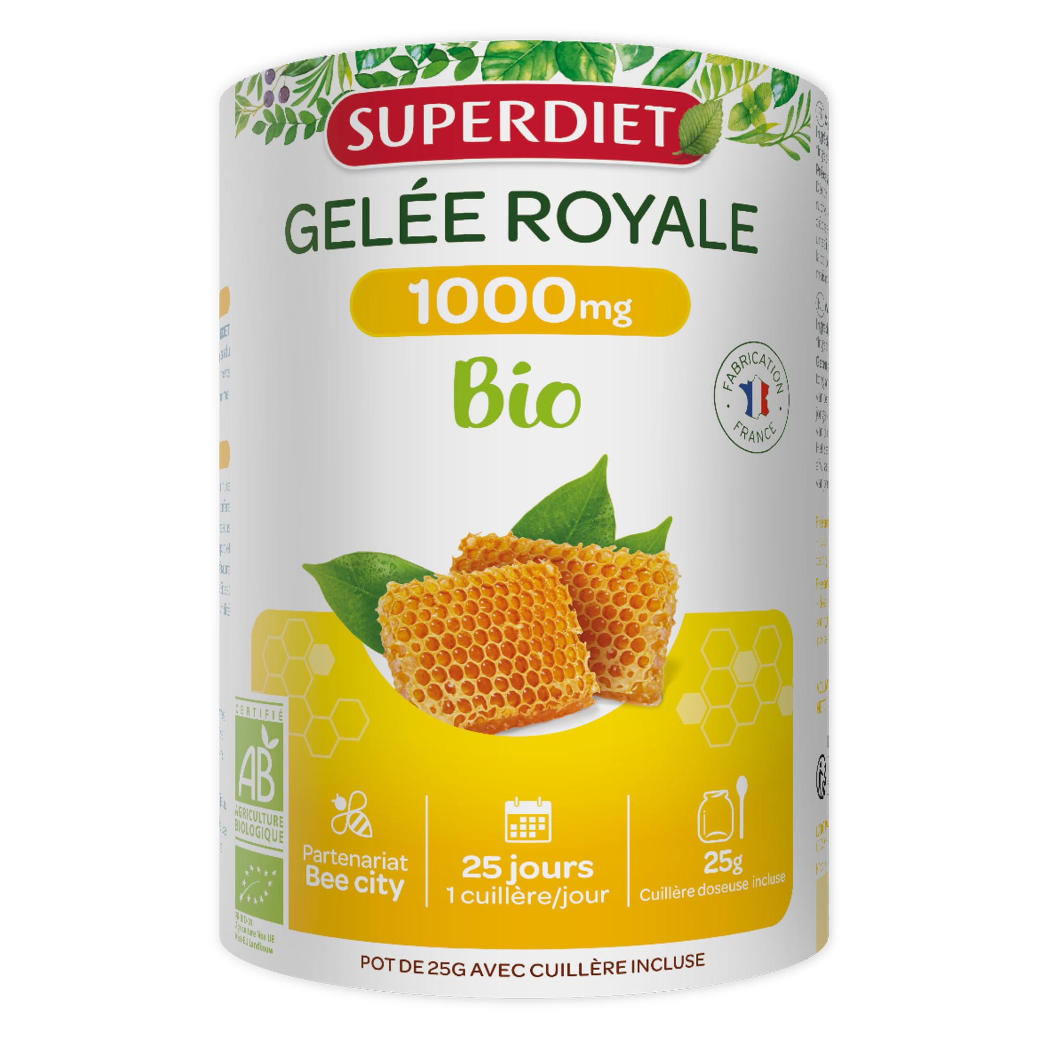 SUPERDIET - GELÉE ROYALE BIO 1 000MG - Fortifiant - Cuillère doseuse incluse - Fabrication française - Pot de 25g