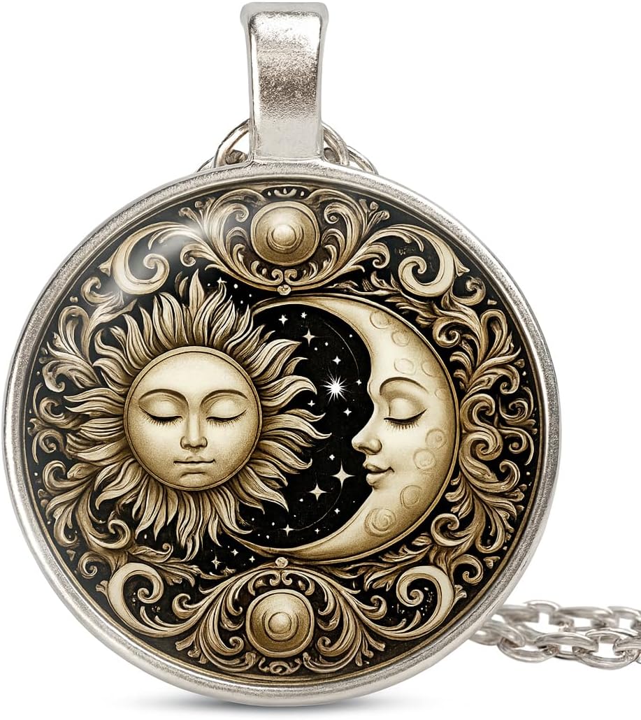 1pc Stunning Round Pendant Necklace - Unique Sun & Moon Pattern, Oil Painting Style Glass Mosaic, Alloy Construction, Trendy Sweater Chain, Fashionable Gift for Women - Christmas or Birthday Gift