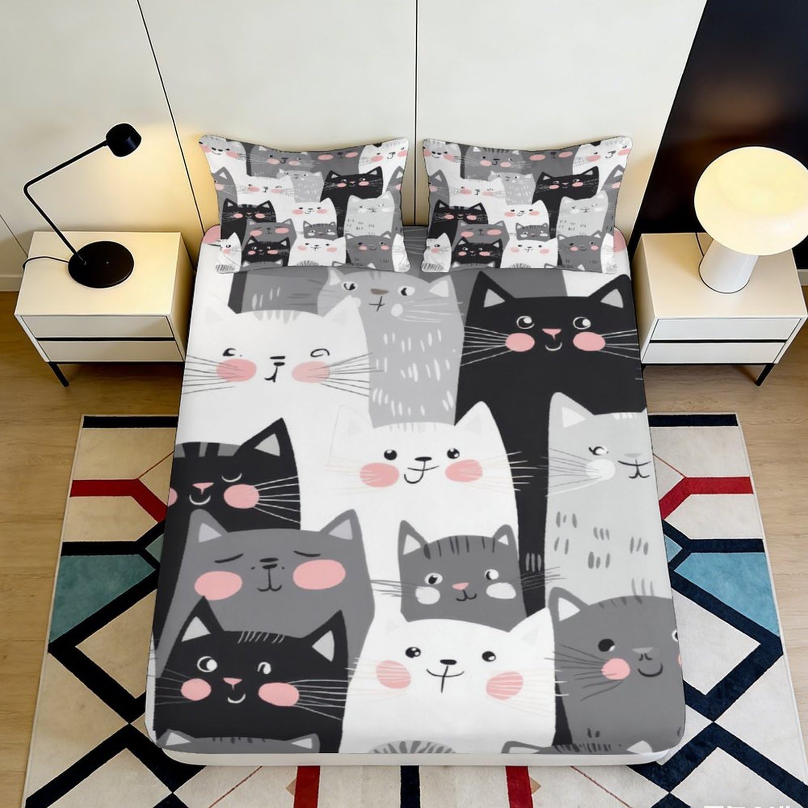 3D Printed Cartoon Cat Fitted Sheet Microfiber Deep Pocket Full Wrap Bedroom Bedding Cartoon Cat Mattress Fitted Cover Washable 180x200x25cm