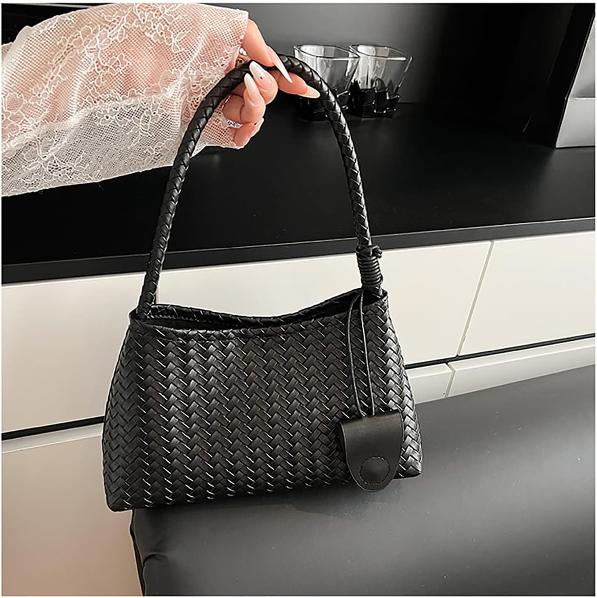 Woven Hobo Bag for Women Fashion Faux Leather Bucket Shoulder Bags Trendy Hobo Tote Underarm Handbags Purse for Work Travel