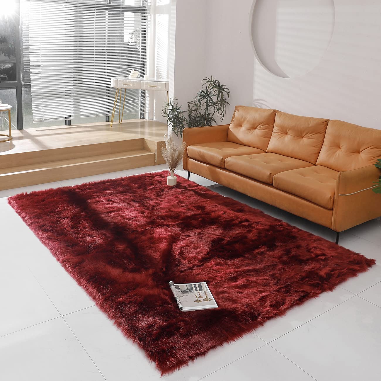 Super Soft Fluffy Faux Fur Sheepskin Rugs Bedroom Floor Sofa Living Room Runner High-Density Cushion Plush Carpet Sofa Cover Bedside Rugs (Red, 6x9 ft Rectangle)