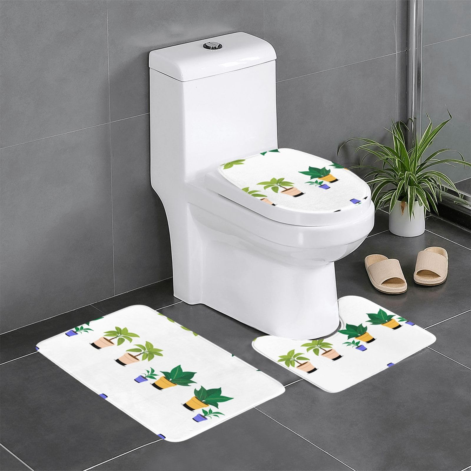 Tapis de salle de bain antidérapants vert ensemble 3 pièces motifs plantes en pot