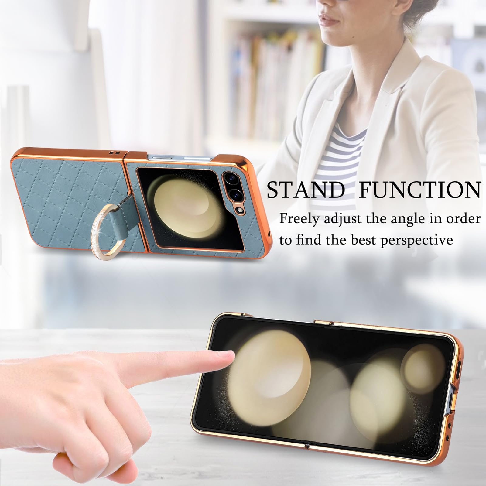 Custodia in Pelle per Samsung Galaxy Z Flip 5, Cover per Telefono elettrolitico di Lusso con Supporto per Anelli Scintillanti Guscio Sottile Protettivo Antiurto