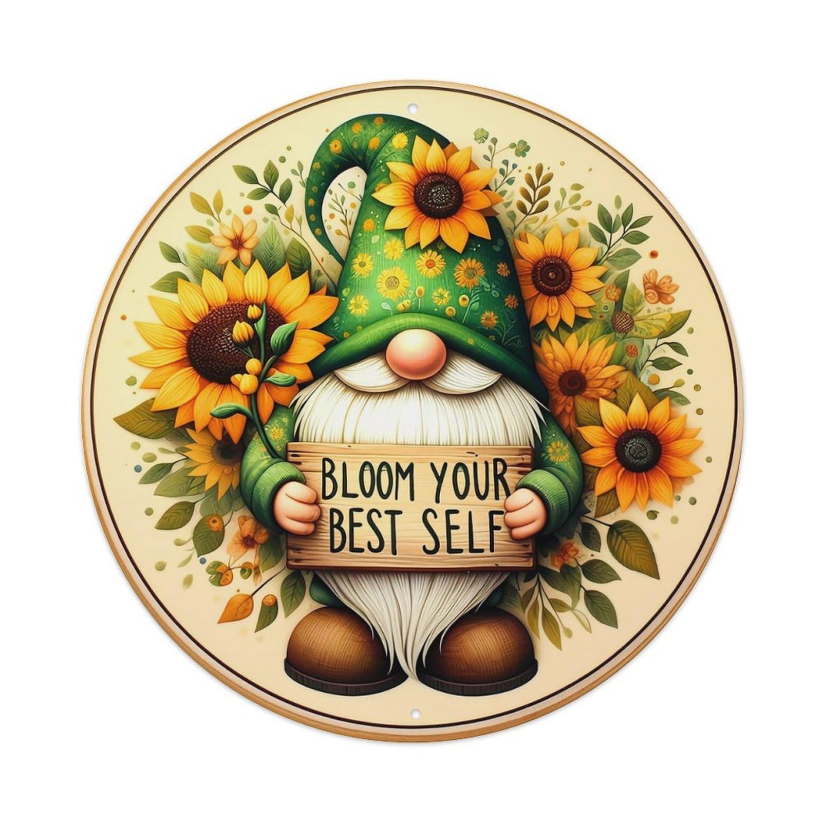 Gnome Sunflower Floral Sign Bloom Retro Metal Sign Round Tin Sign, Vintage Decor Art Poster for Bar, Home, Man Cave, Kitchen, Laundry Room Gift 8x8Inch