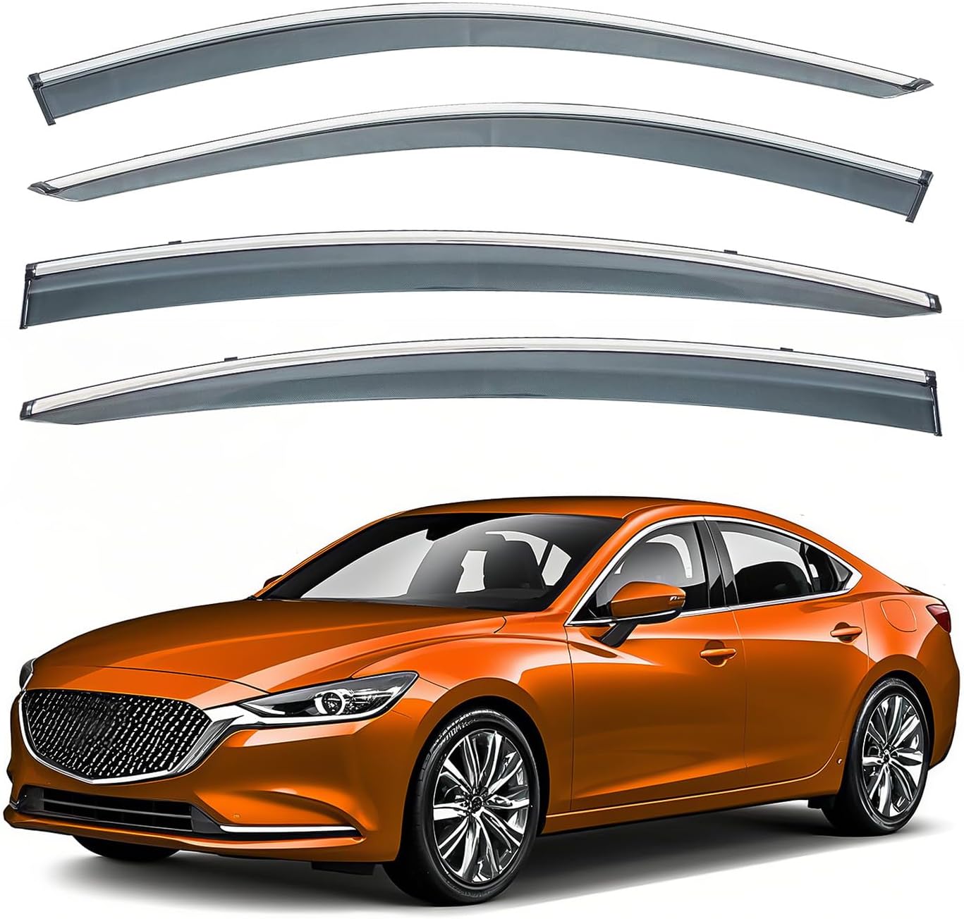 Deal 4-Piece Set JDM Style Outside Mount Tape On/Clip On Type Smoke Tinted Sun/Rain Guard Vent Window Visors with Chrome Trim Compatible with 2014-2018 6 All Models