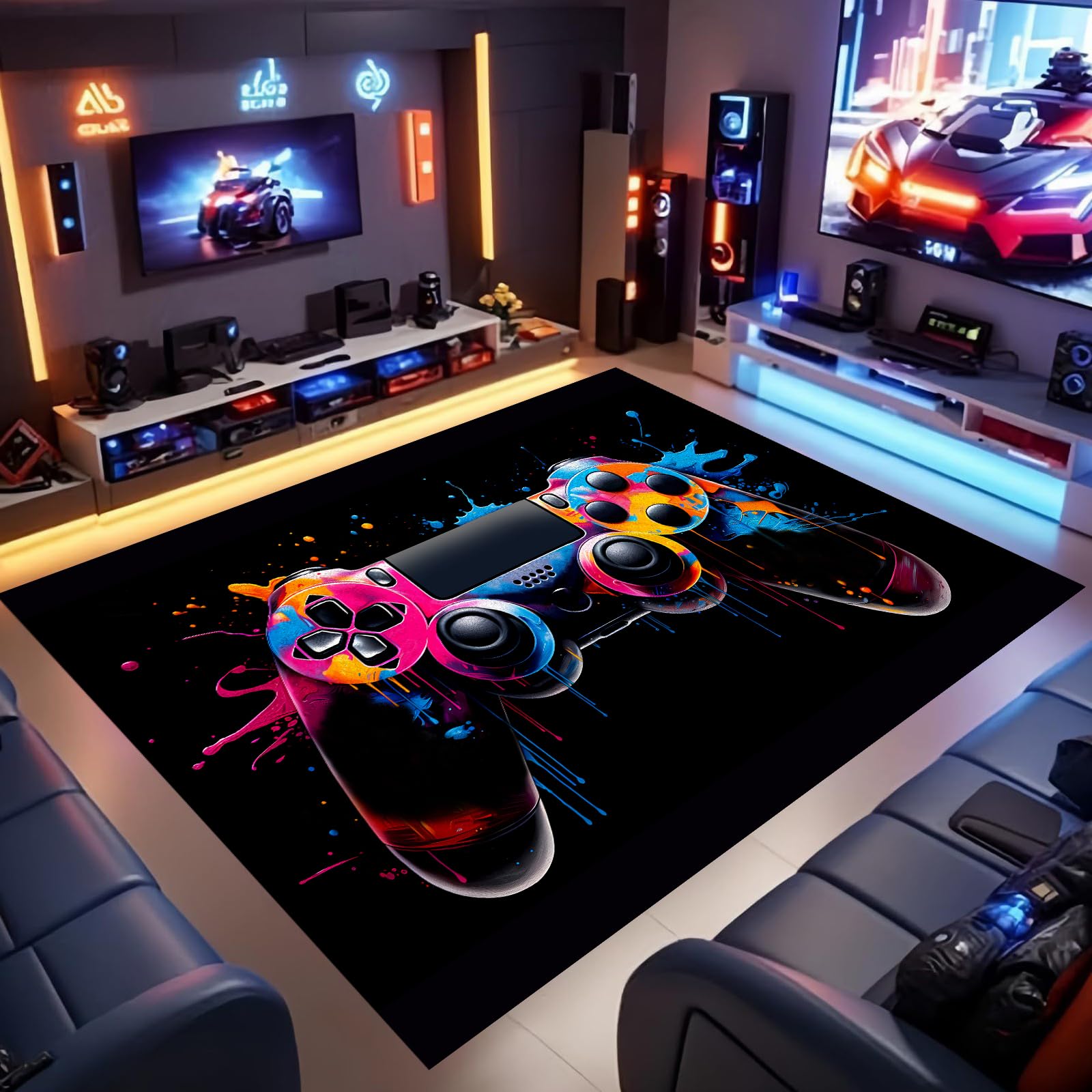 Gaming-Teppich Mehrfarbig Graffiti 80x150cm 3D-Gamepad-Teppich Spielzimmer-ZubehöR Vorleger FüR Teenager-Jungen Langlebig Und Maschinenwaschbar Kinderzimmer Innenmatte füR Die Wohnzimmer