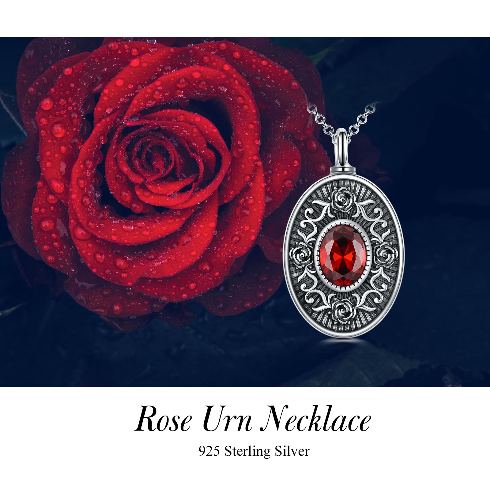 PELOVNY Collana da donna con medaglione ovale in argento Sterling 925 con granato simulato rosa rossa, per ceneri di una persona cara, gioiello commemorativo per mamma e lei