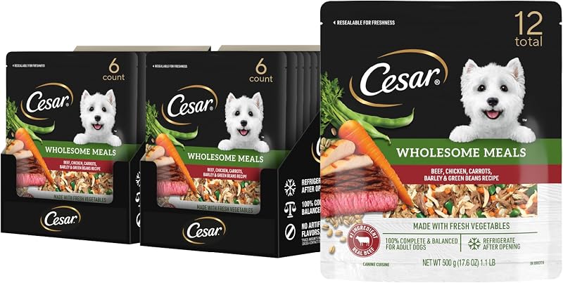Ração úmida para cães Cesar Wholesome Meals com carne bovina e frango, sachê com fechamento reutilizável, 12 unidades de aproximadamente 499 g