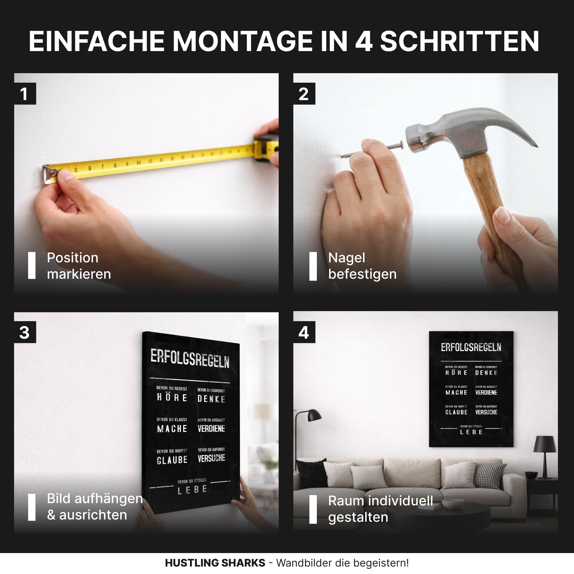 Hustling Sharks® Motivationsbild „Erfolgsregeln“ – Leinwand 40 × 60 cm | XXL Motivationsbild im Hochformat, Bilder Büro, Erfolg Bild, Bilder Spruch, Wanddeko Büro, Bilder Motivation