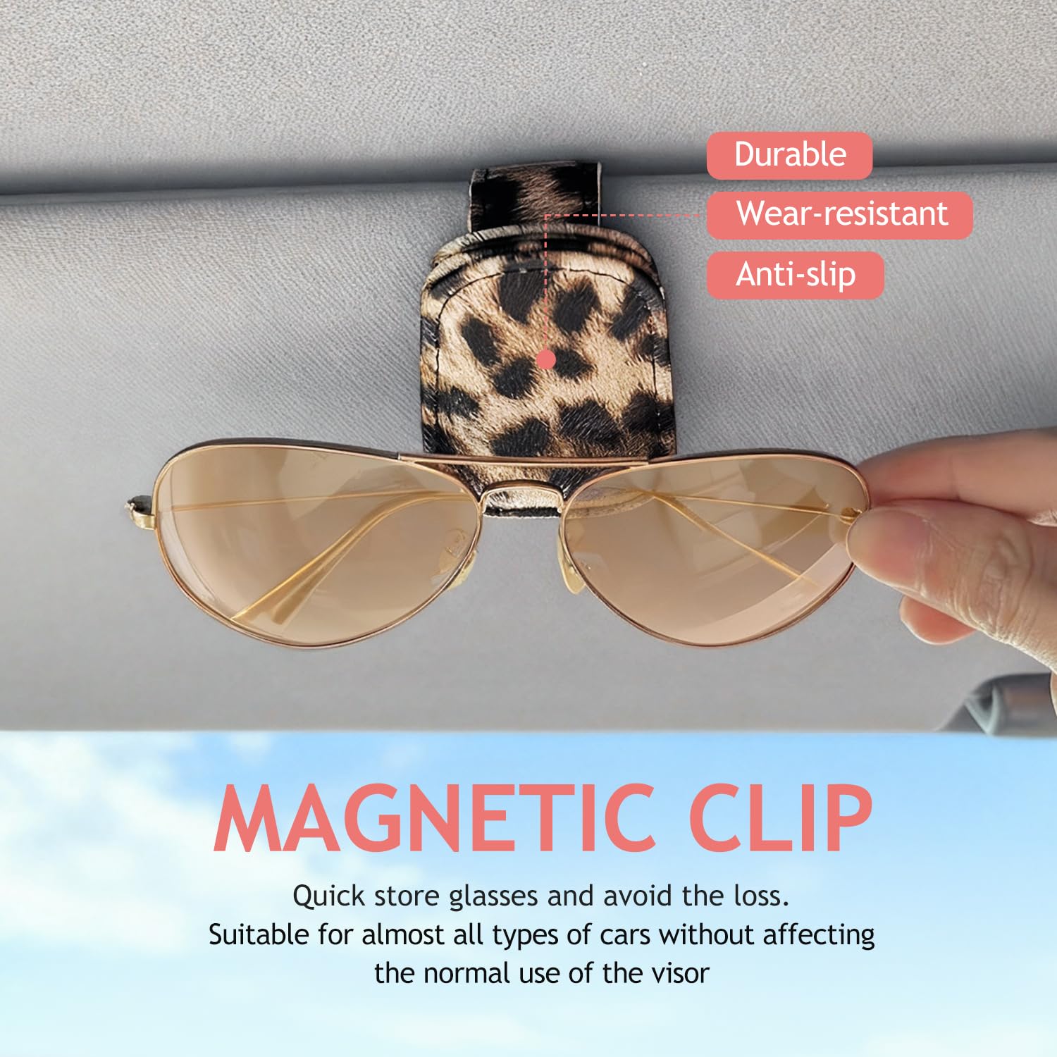 Sonnenbrillenhalter für Auto Visier, Gepard Leopard Magnet Sonnenbrillenhalter für Auto Leder Sonnenbrillenhalter und Ticketkartenclip Auto Visier Zubehör