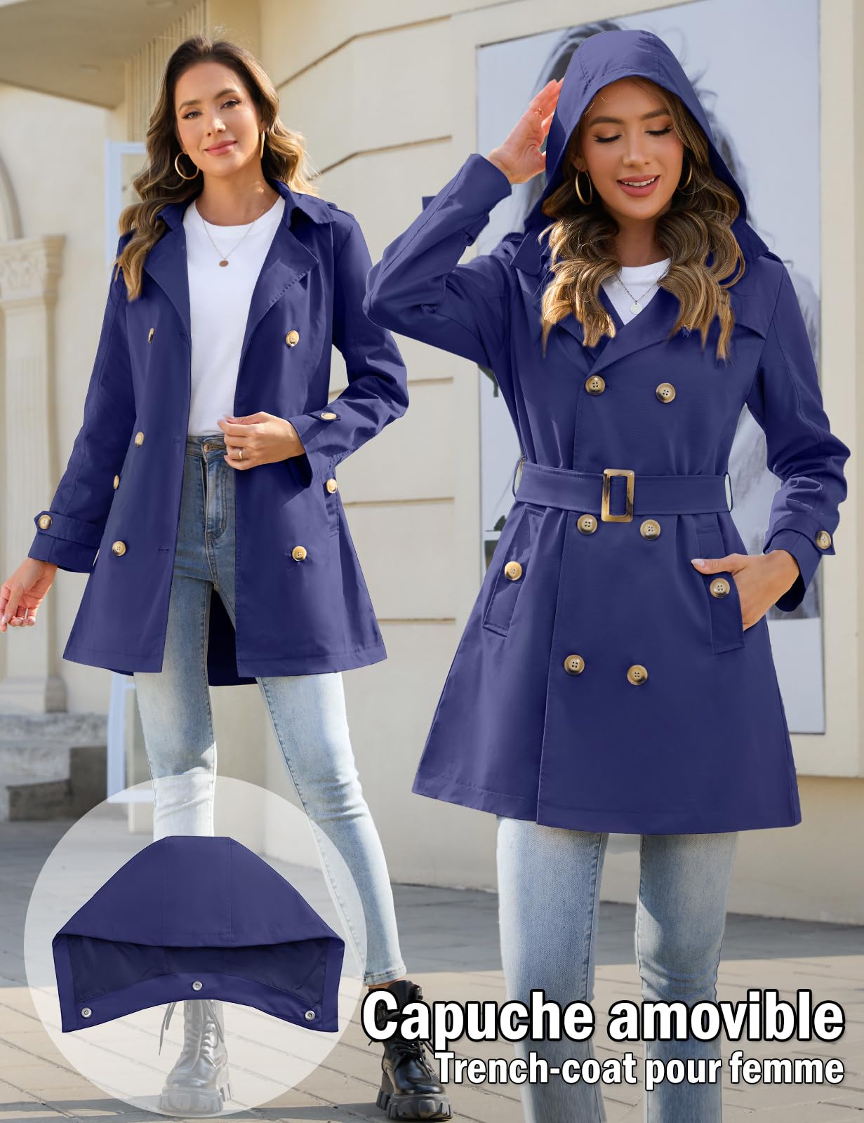 Yuson Girl Trench Coat Femme Double Boutonnage Manteau Classique Coupe Vent Trench Femme Capuche Impermeable Légère Parka mi Saison Casual Vestes Printemps Automne avec Ceinture