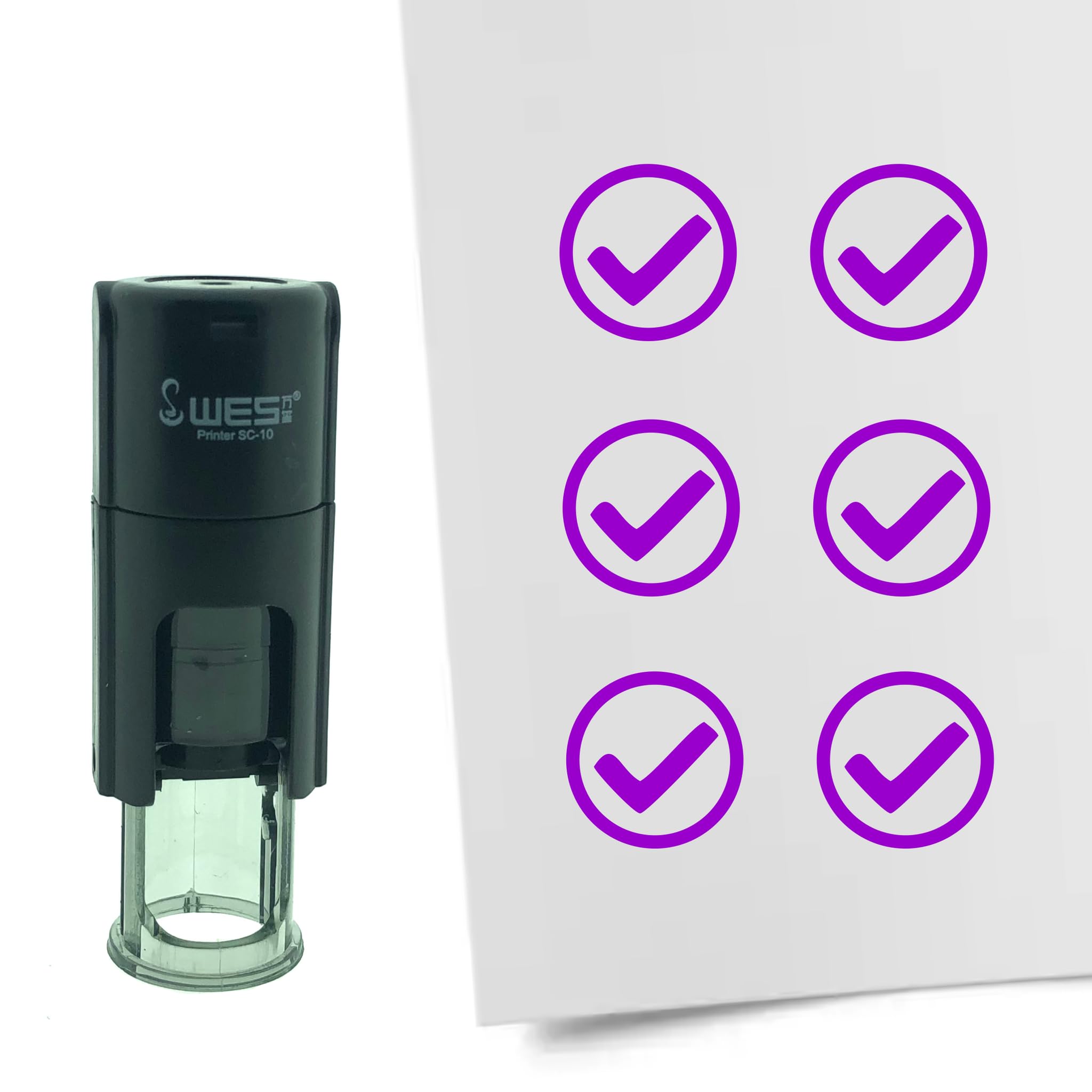 Combicraft Stamp Checkbox Vinkje/OK 10mm Round - Purple Ink - Internal refillable Stamp Cushion - Handy for Savings Cards, Bullet journals or Other Creative Projects