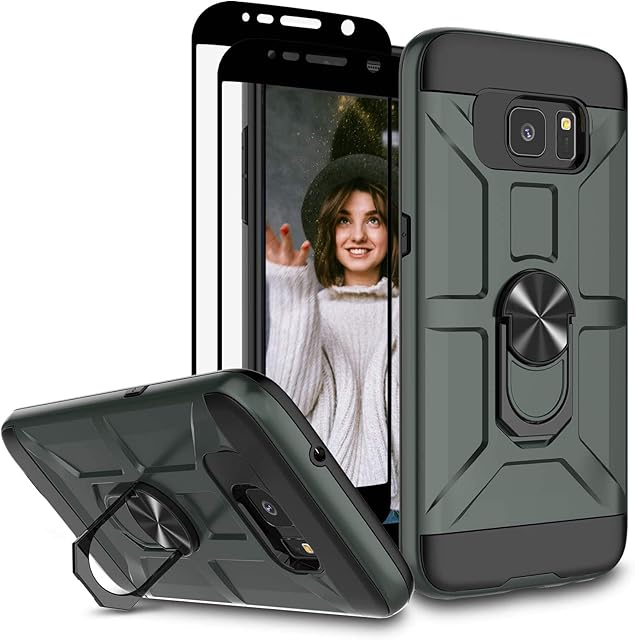 Jeylly Case for Galaxy S7 with Tempered Glass Screen Protector, 360 Rotating Ring Kickstand Holder [Work with Magnetic Car Mount] Armor Defender Shockproof Case for Samsung Galaxy S7, Green