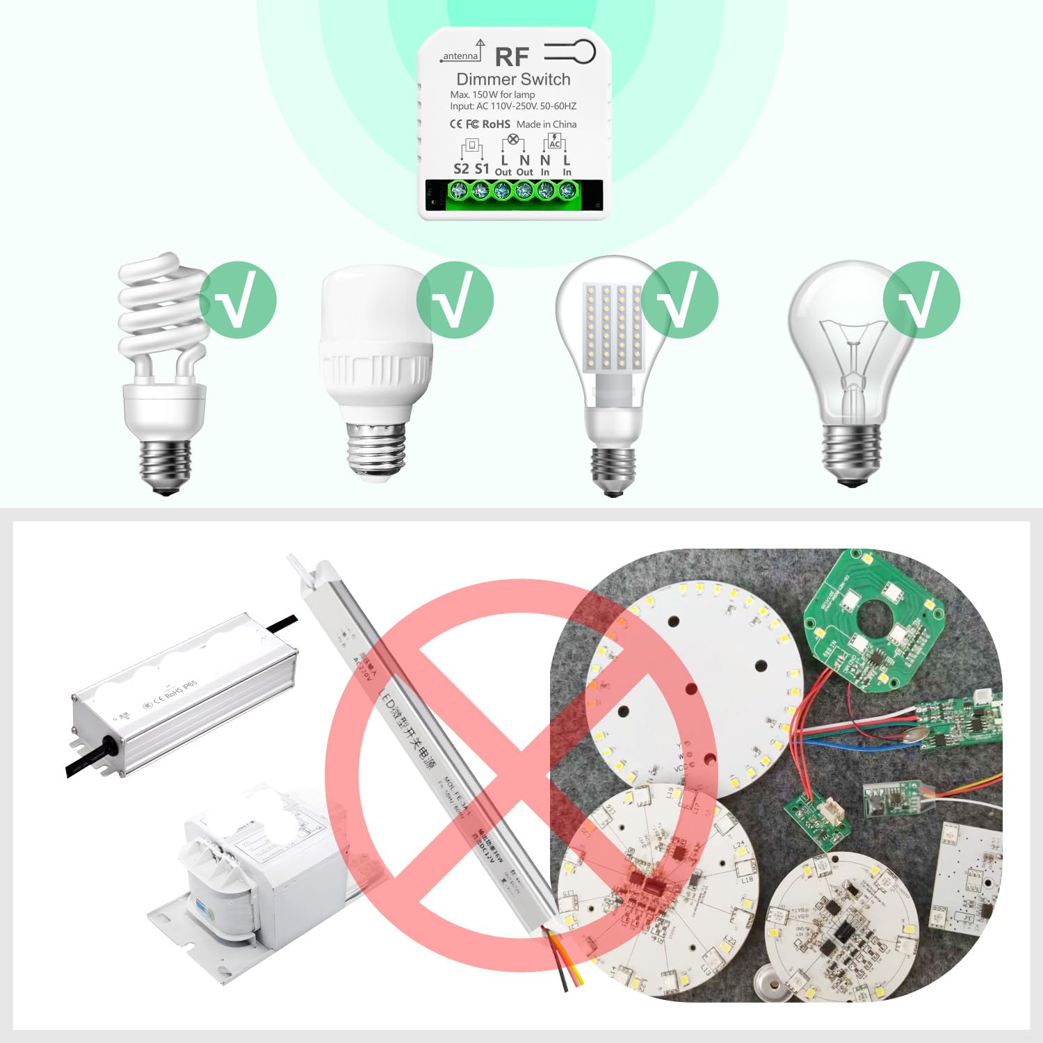 Interruptor De Luz Atenuador Inalambrico Con Controles Remotos, Tedeligo AC220V Control De Interruptor Regulable Para 10-150W LED Y Halógeno, Compatible Con Interruptores Atenuación (No necesita WIFI)