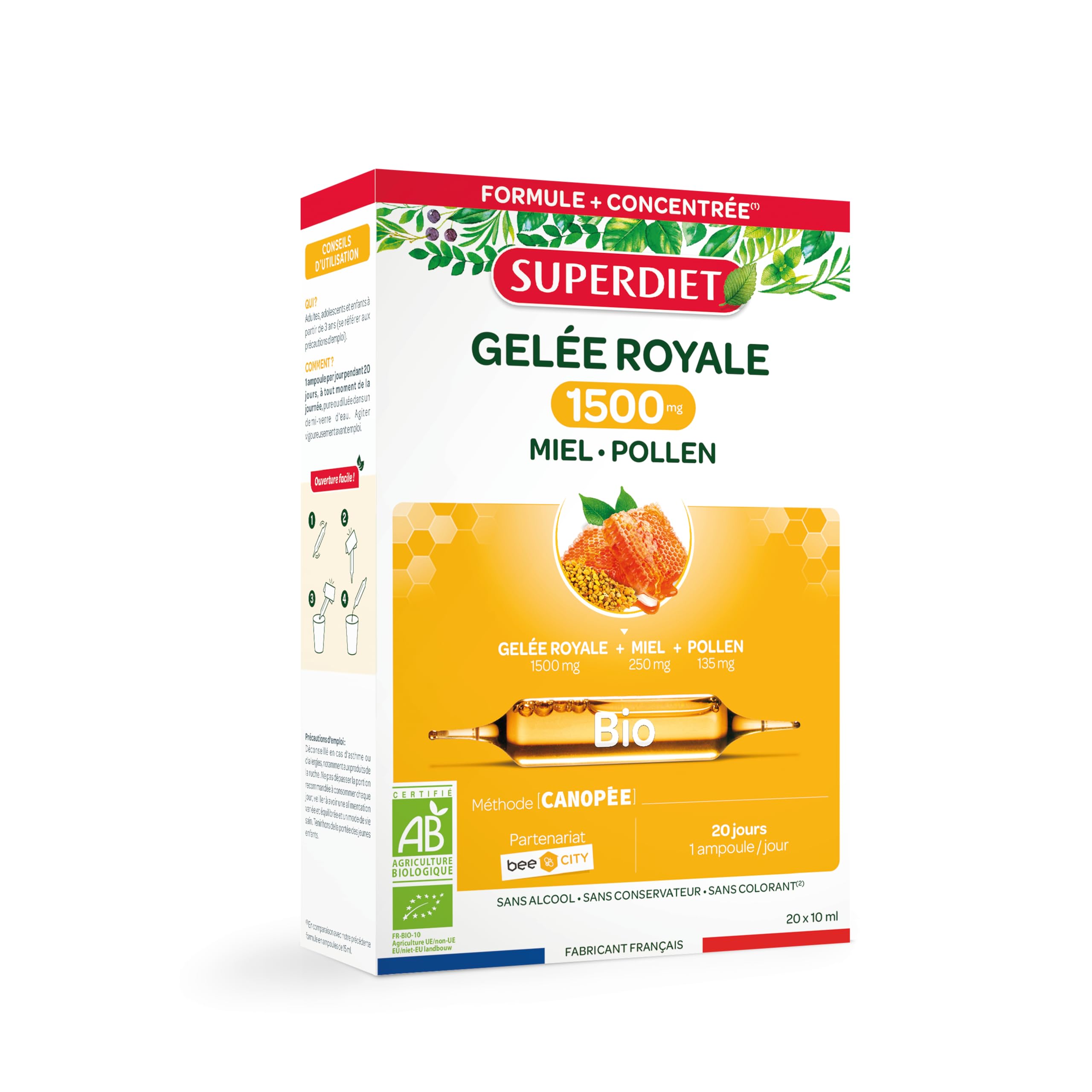 SUPERDIET-GELÉE ROYALE 1500MG BIO- Gelée royale, miel,pollen bio-Défenses immunitaires-Fabrication française-20 ampoules de 10ml