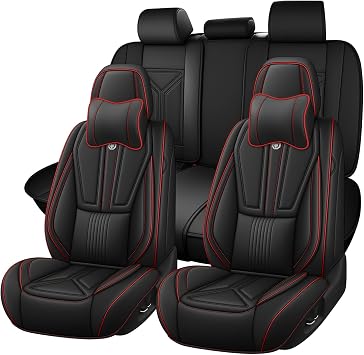 Arazi Black Seat Covers with Red Line, Full Coverage Car Seat Protector Waterproof Nappa Leather Car Seat Cushion Universal Fit for Most Cars5 Seats Luxury, Black&Red Line