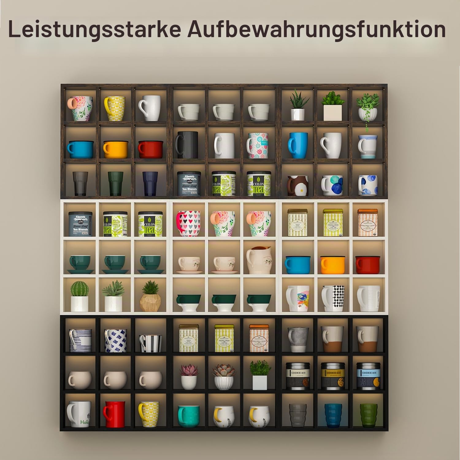 Helsin Regal für Kaffeetassen mit 9 Fächern, 40,6 cm, Wandmontage, Holz, Curio-Schattenbox-Regal, Tassen-Schweberegale, Display und Organizer (weiß)