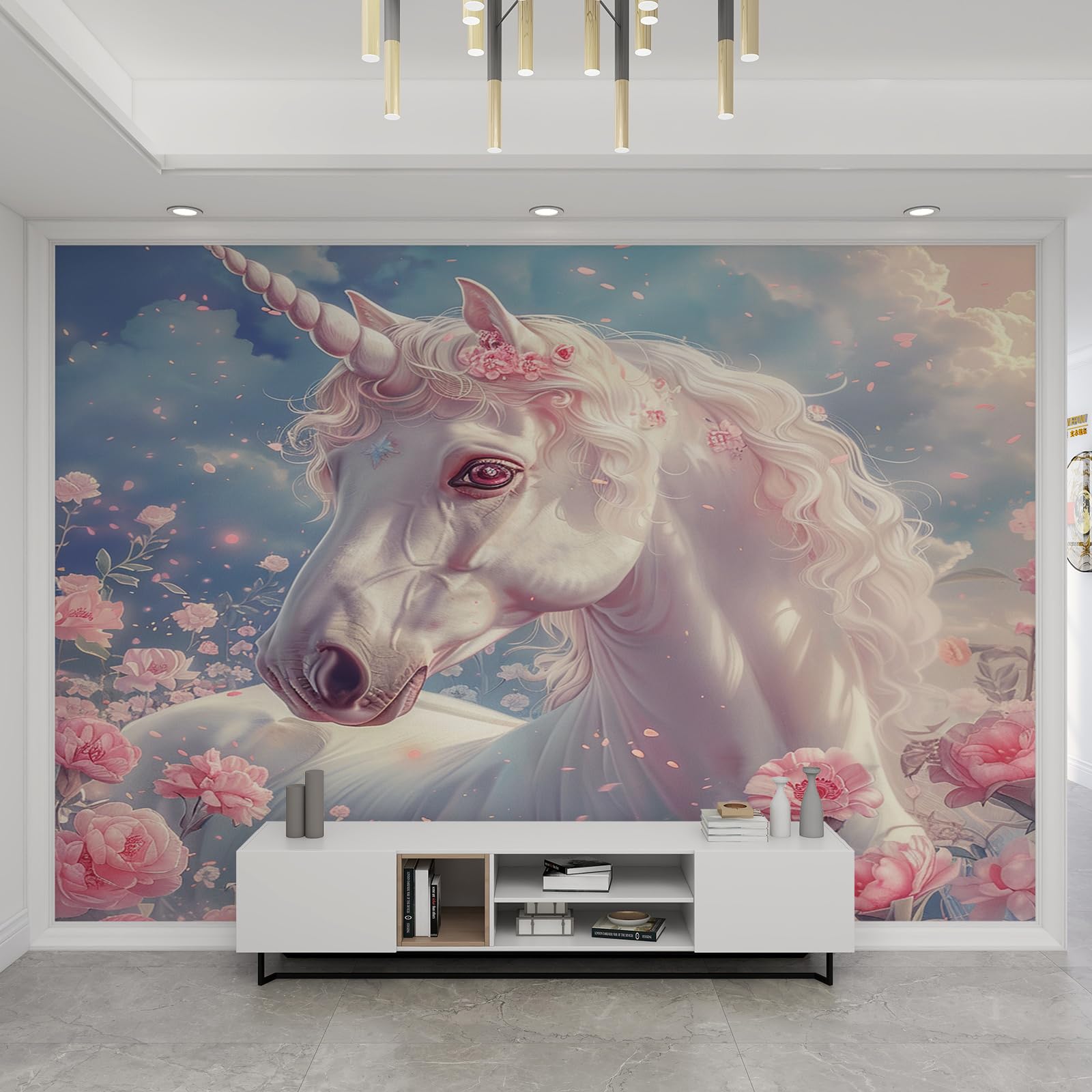 Papier peint poney rose aux détails de fleurs de roses vintage avec image 3D haute clarté