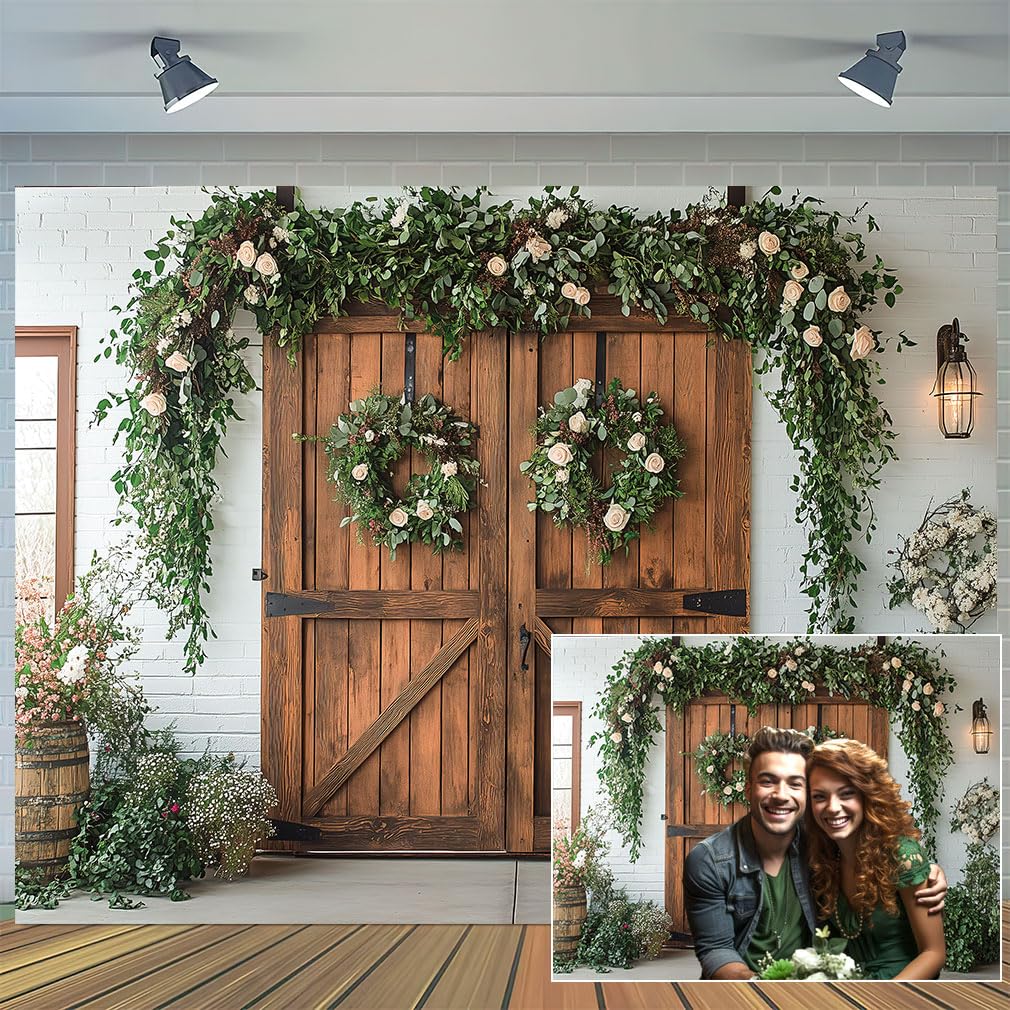 Rustic Barn Door Photography Backdrops, White Painted Brick Wall Wood Door Green Leaves Garden Photo Backgrounds, Kids Family Portrait Baby Shower