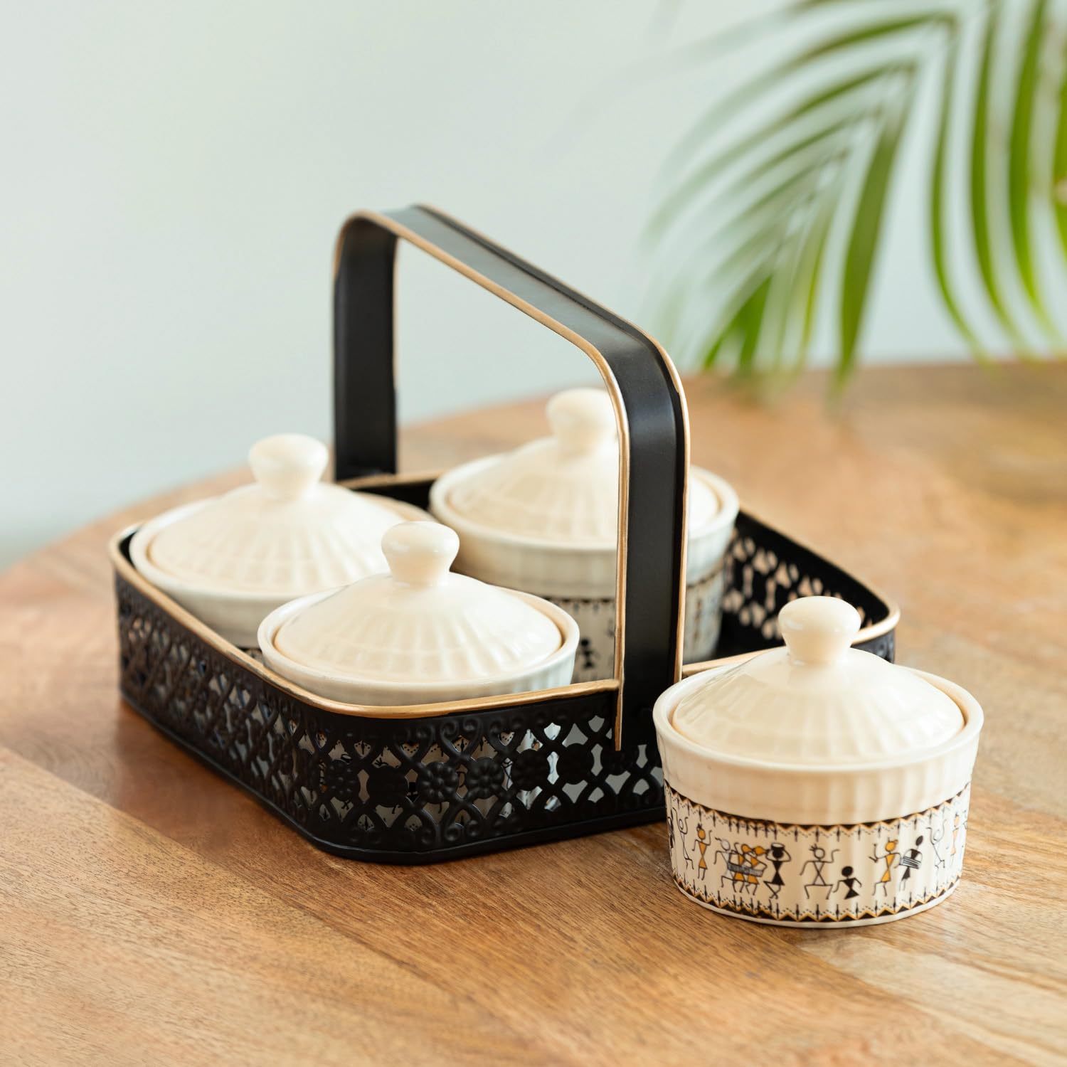 ExclusiveLane 'Whispers of Warli' Ceramic Pickle Jars for Dining Table with Iron Holder (Non AirTight, Set Of 4, 160 ml, White)|Pickle Jar for Pickle Achar Jar for Dining Table Chutney Achar Container