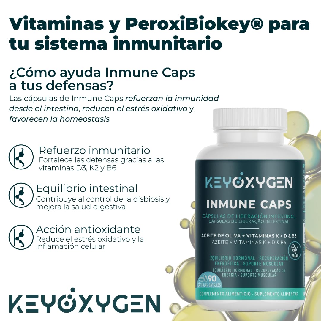 Enzimas Digestivas Liberación Intestinal con Vitamina D B6 Y K - Complemento Alimenticio Vegano Para Sistema Inmune Regulación Hormonal Energía Y Músculos 90 Cápsulas | KeyOxygen Inmune Caps