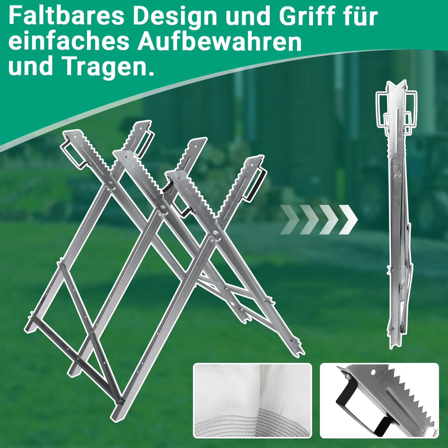 Chevalet de sciage en bois en acier galvanisé stable avec 4 supports de dents pliables jusqu'à 150 kg - Pour troncs d'arbre jusqu'à 23 cm de diamètre
