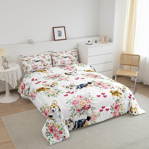 Miniatura 3 de Erosebridal Lindo juego de edredón de perro Corgi para niños y niñas, juego de ropa de cama romántico de flores de rosa, tamaño King, edredón de