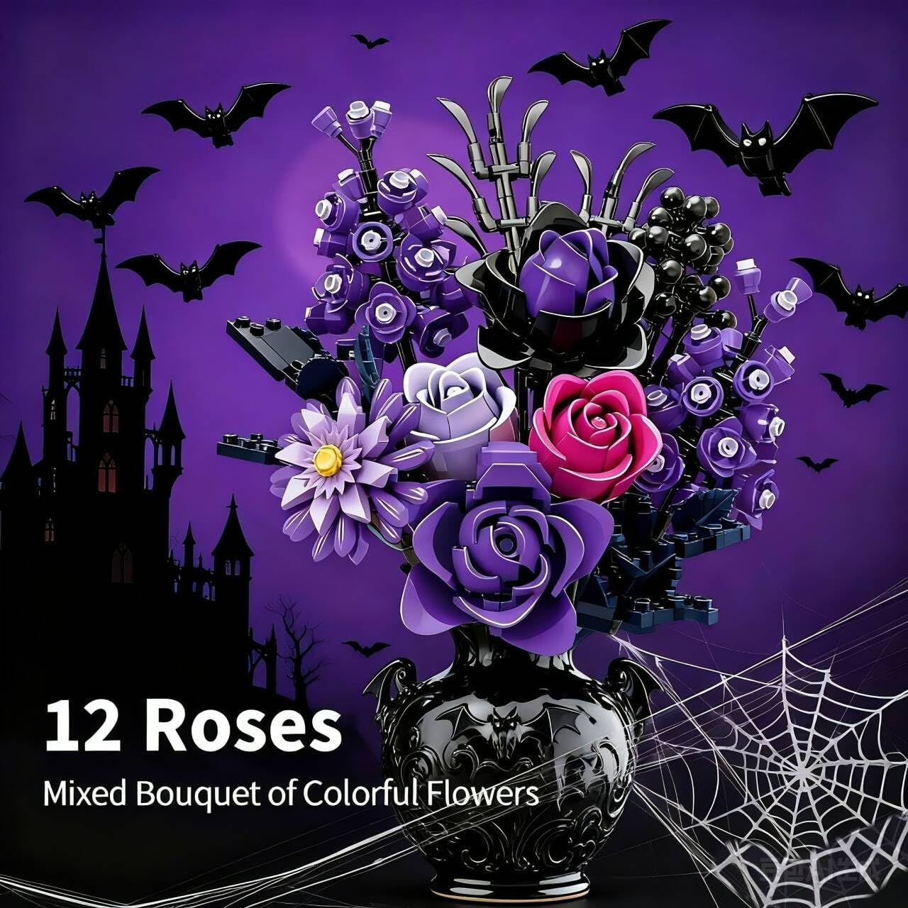 Purple Roses Bouquet Building Set, 882PCS Compatible with Lego Artificial Flower Everlasting Gothic Roses for Home Décor, Gift for Halloween Romantic Valentine’s Day, Mother’s Day, Anniversary