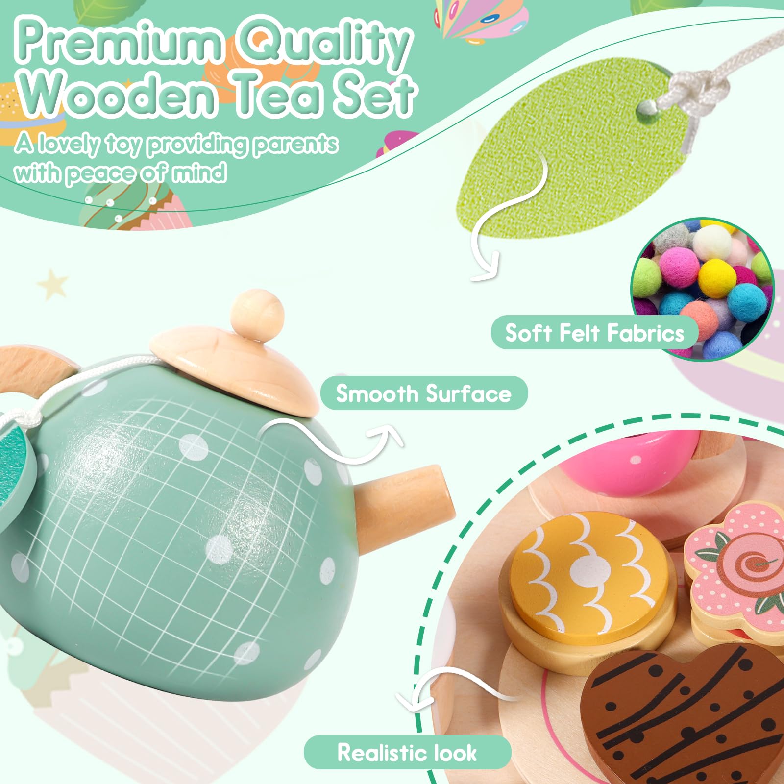 Set da Tè Giocattoli in Legno, 17Pcs Set da Tè per Bambini, Accessori Cucina Bambini, Set da Tè in Legno Gioco di Imitazione, Giocattoli in legno Regalo per Ragazzi Ragazze 3 4 5+ Anni
