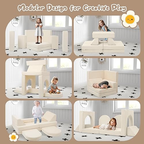 Miniatura 14 de MeMoreCool Sofá infantil para sala de juegos, sofá modular de 10 piezas, sofá convertible de pana, juego de construcción de fuerte de espuma para