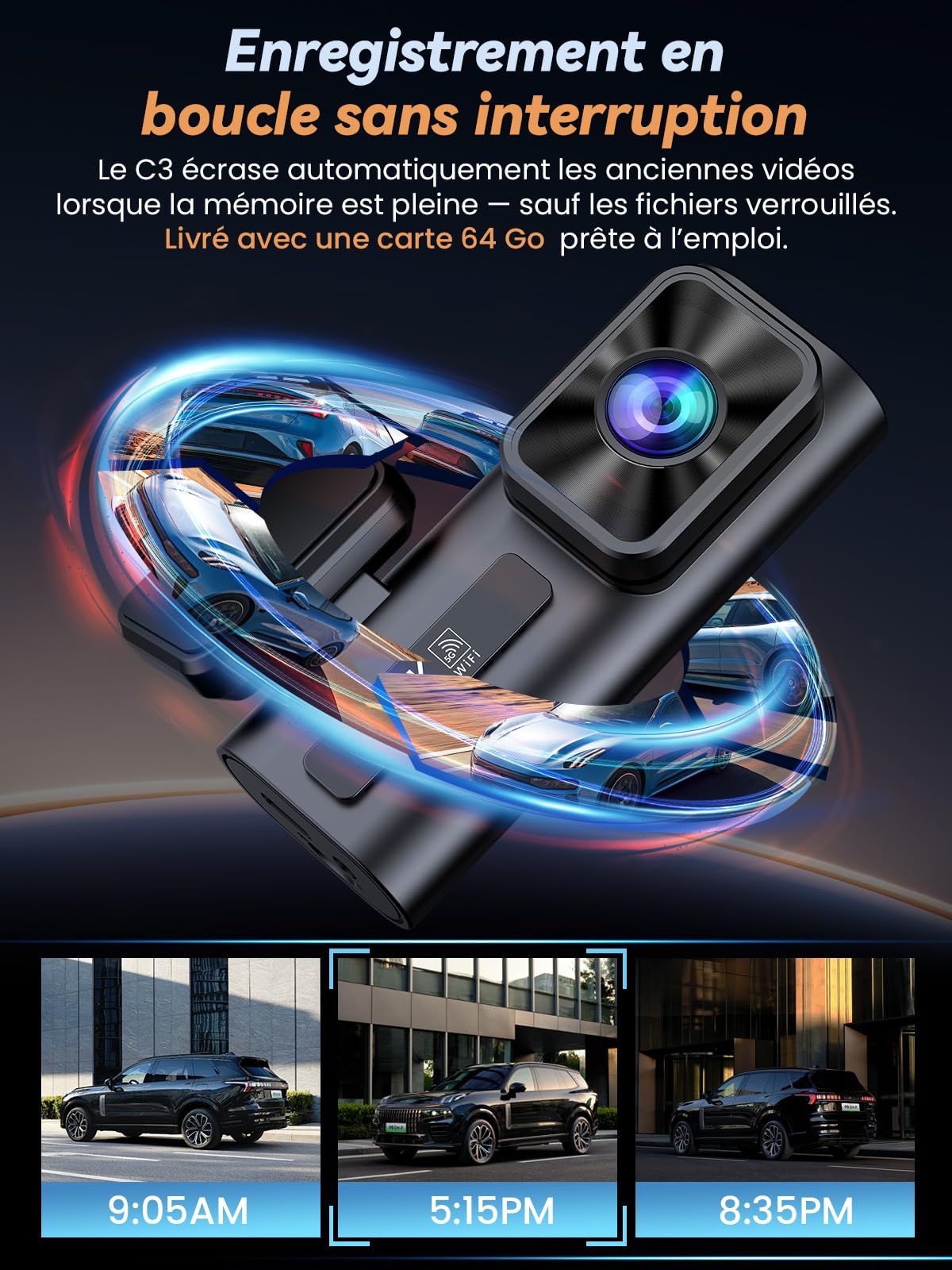 C3 Dashcam Voiture Avant arrière, caméra 4K+1080P, Wi-FI 5GHz avec contrôle Via app, Carte SD 64GB, Vision Nocturne, Grand Angle 170°, WDR, stationnement 24H, capteur G, Installation Facile