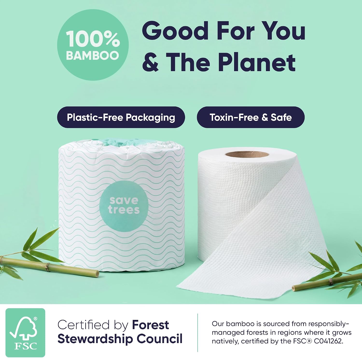 Save Trees Bamboo Toilet Paper - 12 Rolls Of Organic Toilet Paper, 3-ply, 300 Sheets Per Roll - PFAS Free, FSC Certified, Plastic Free, Vegan & Chemical Free Bamboo TP