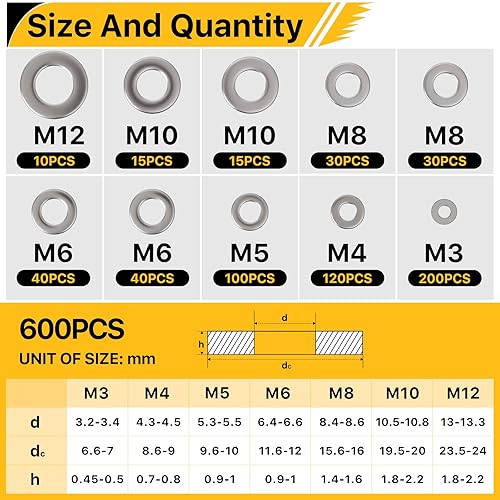 Miniatura 2 de Nuepuxo Juego surtido de 600 arandelas planas de acero inoxidable 304, 7 tamaños (M3 M4 M5 M6 M8 M10 M12) arandelas planas para tornillos, pernos,