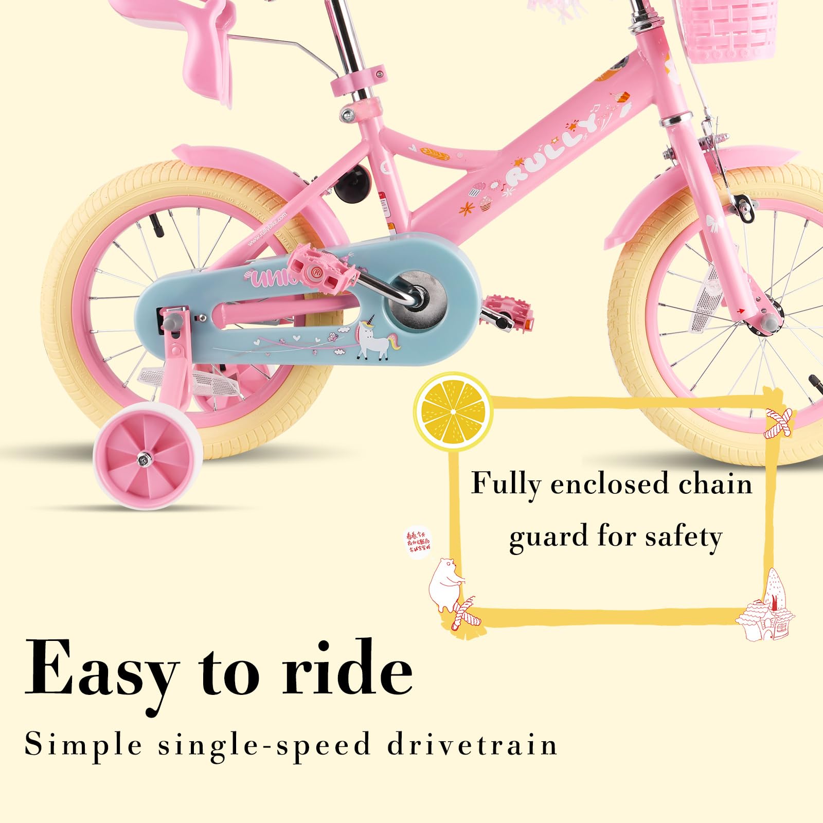 Vélo Enfant 12 14 16 Pouces RULLY Filles 2-7 Ans Roulettes Frein Panier