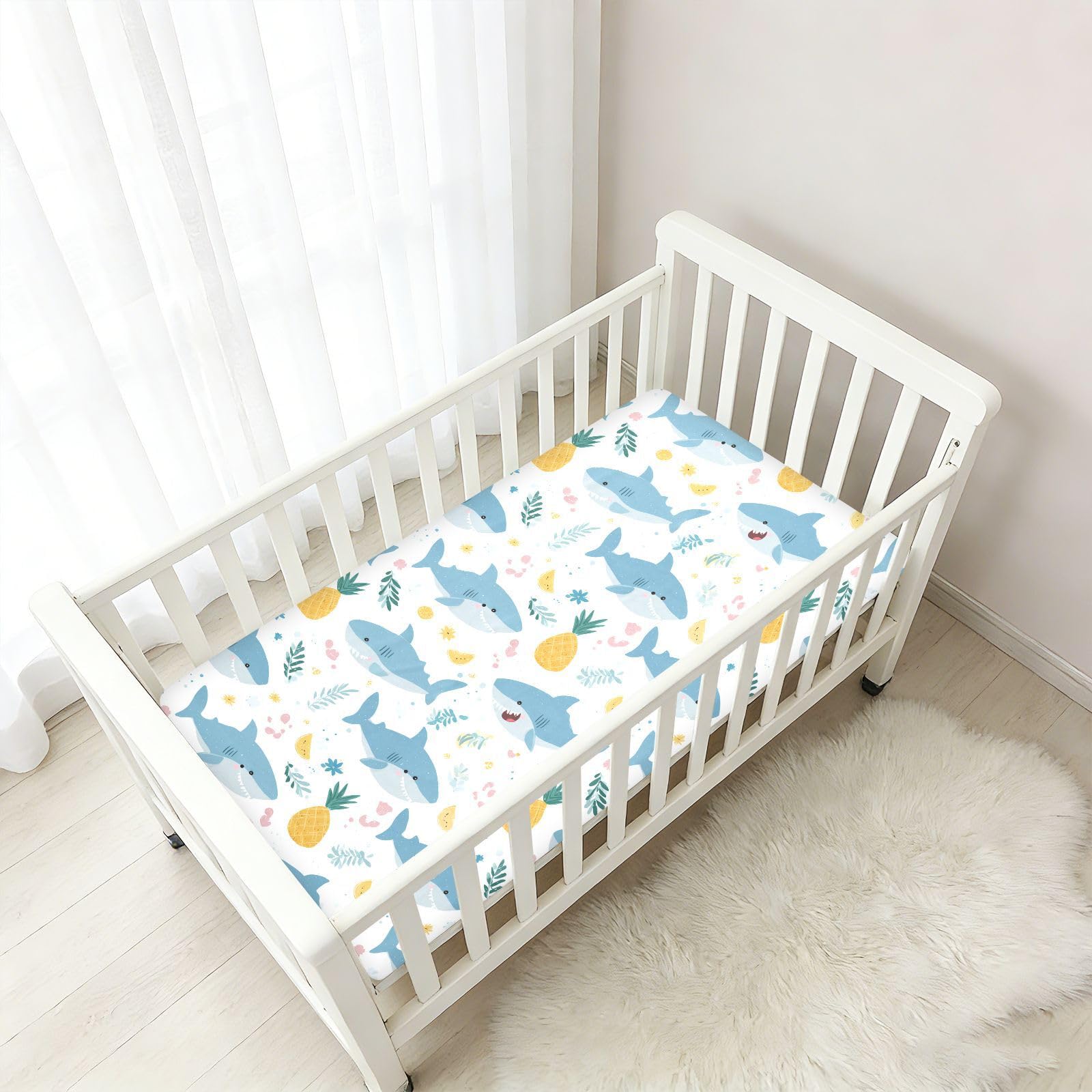 Babybettlaken mit niedlichem Cartoon-Motiv und tropischem Hai, Baumwolle, bequem, atmungsaktiv, Kleinkind-Bettbezug für Kinderzimmer, Dekoration, 1 Stück