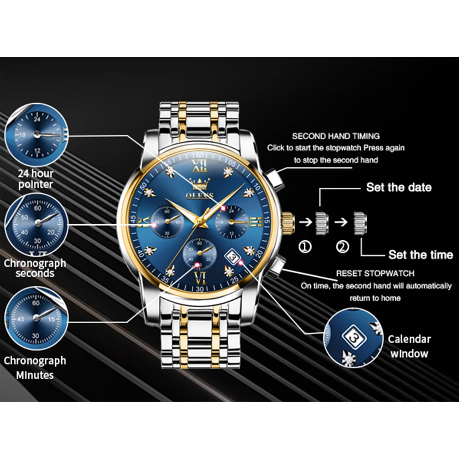 OLEVS Mens Watches Waterproof Stainless Steel Adjustable Bracelet Watch Quartz Analog Watch for Men Fashion Business Classic Mens's Wrist watch's Casual Watches Gold/Blue/Black/White/Face/Dial