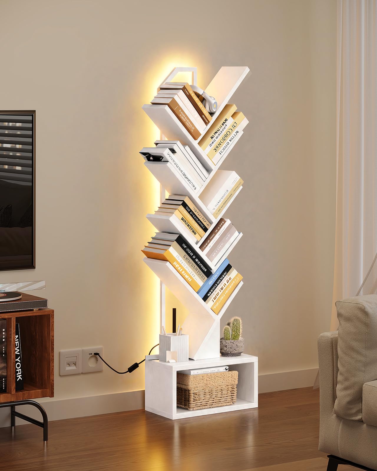 Coleshome Bücherregal im Baumform mit LED-Beleuchtung, Standregal mit 8 Ebenen, Holz Bücherregal für Wohnzimmer & Schlafzimmer, Weiß