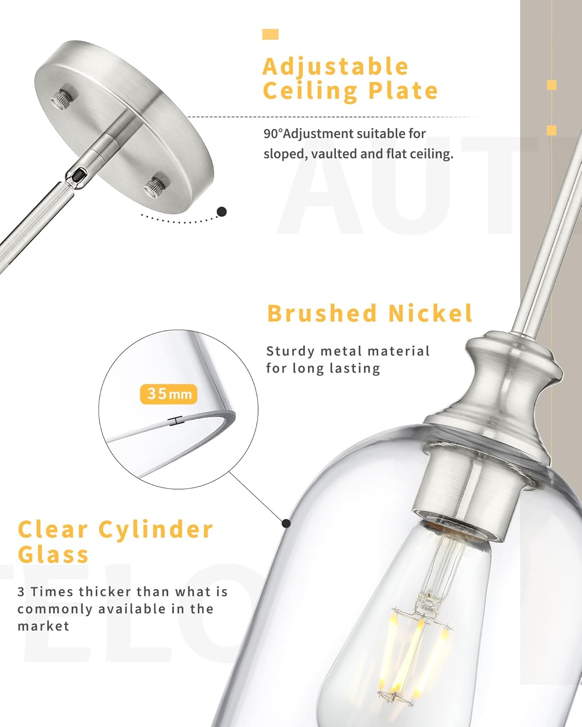 AUTELO Brushed Nickel Pendant Lights, 1-Light Kitchen Pendant Lighting with Clear Cylinder Glass, Modern Pendant Lights Kitchen Island with Adjustable Rods, H2511 CLST