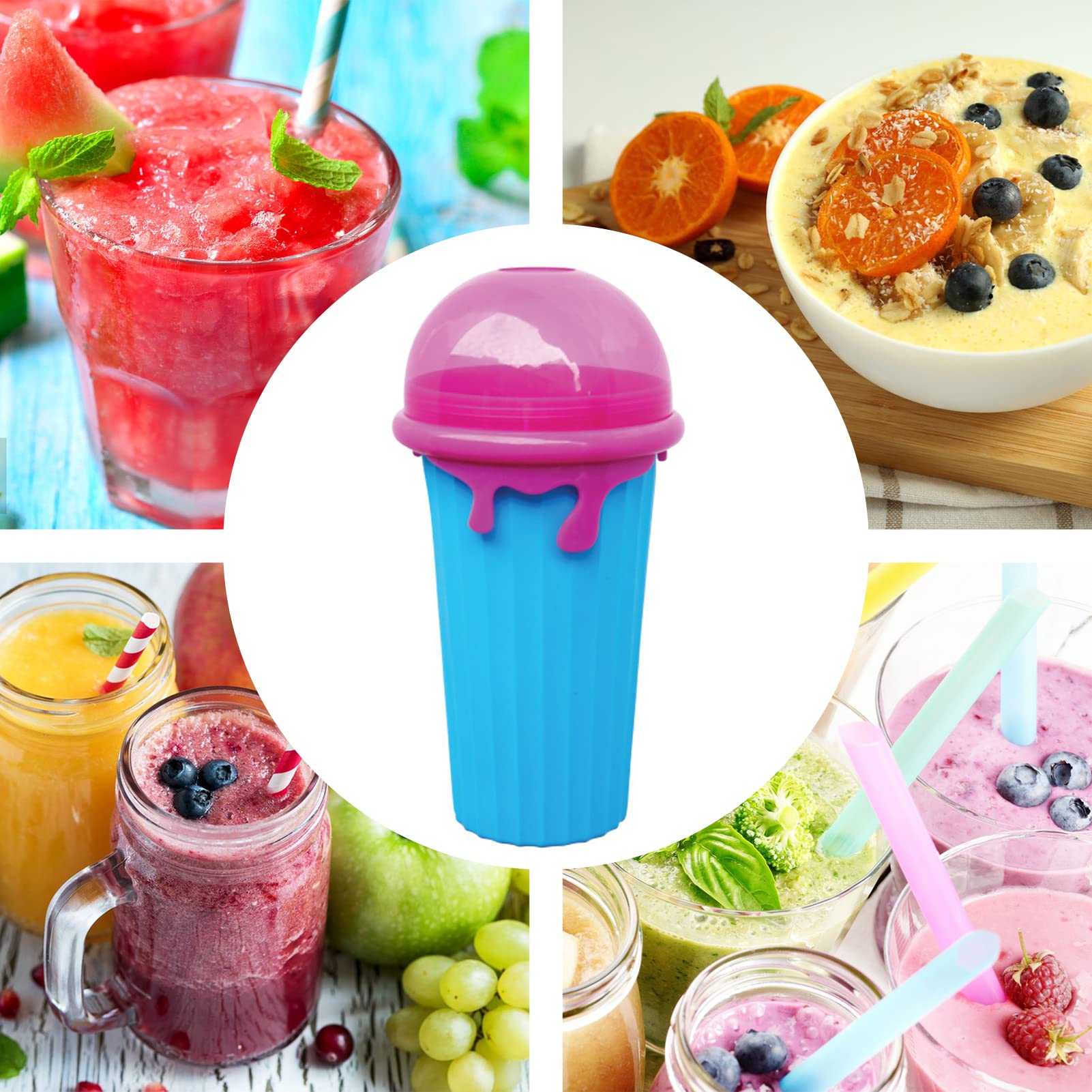 Gobelet à slush en silicone - Gobelet à presser - Gobelet à glace - Pour pétrir des smoothies congelés - Pour l'été - Avec cuillère à paille - Pour une délicieuse glace slush (bleu)