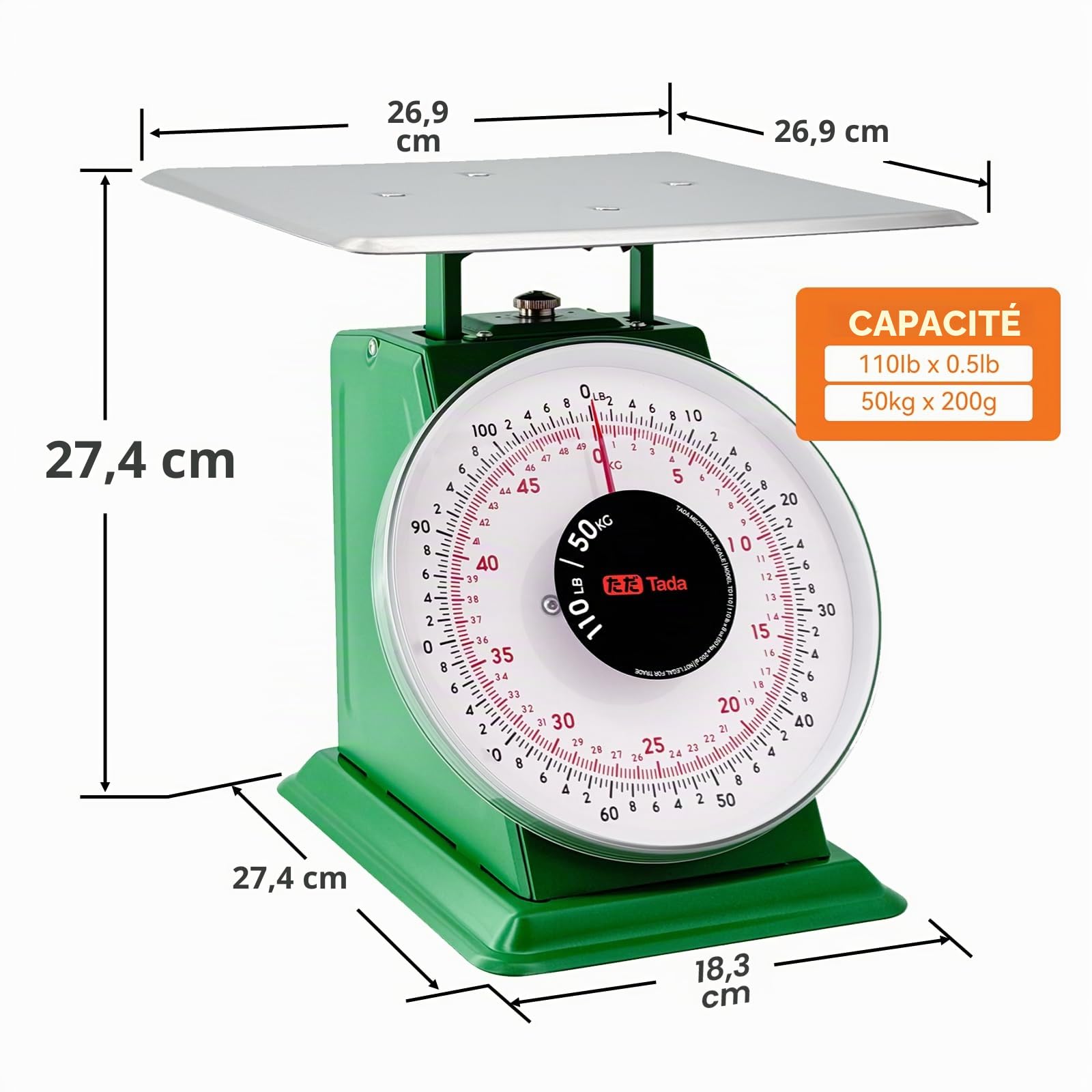 Tada Balance analogique à sphère industrielle avec contrôle des portions de 100 livres pour cuisine et aliments avec plateforme en acier inoxydable