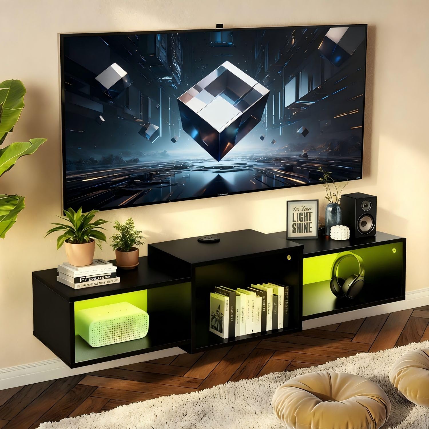 ASECAM Mueble para TV Flotante de Madera 120cm con Luces LED - Soporte Pared para Televisores 40-70", Estante Flotante Moderno con 3 Estantes, Gestión de Cables y 20 Niveles de Iluminación LED - 120m-LED
