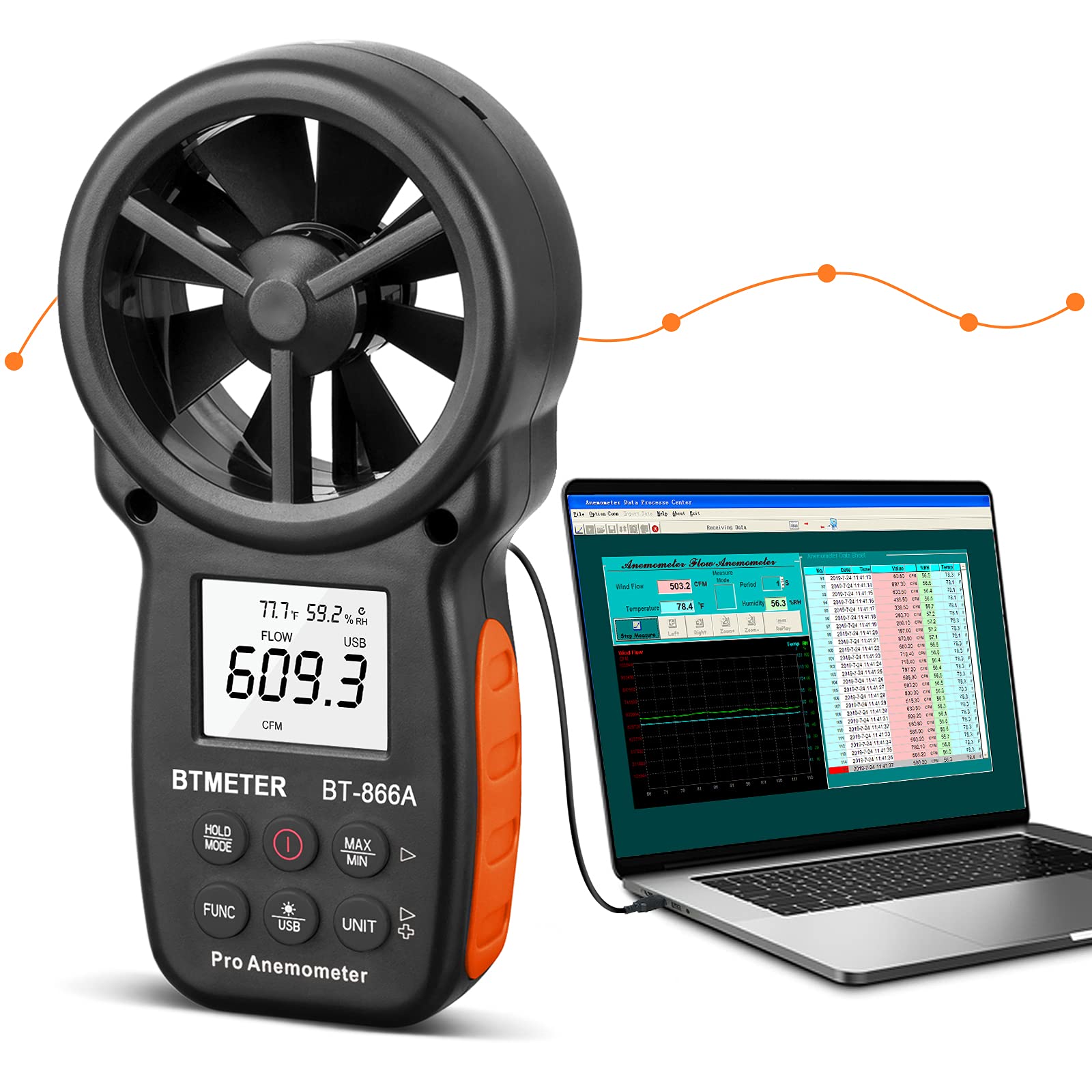 BTMETER HVAC Anémomètre CFM mètre BT-866A à main Numérique Compteur de Vitesse du vent pour 0,3 ~ 40 m/s, Temp, flux d'air, humi
