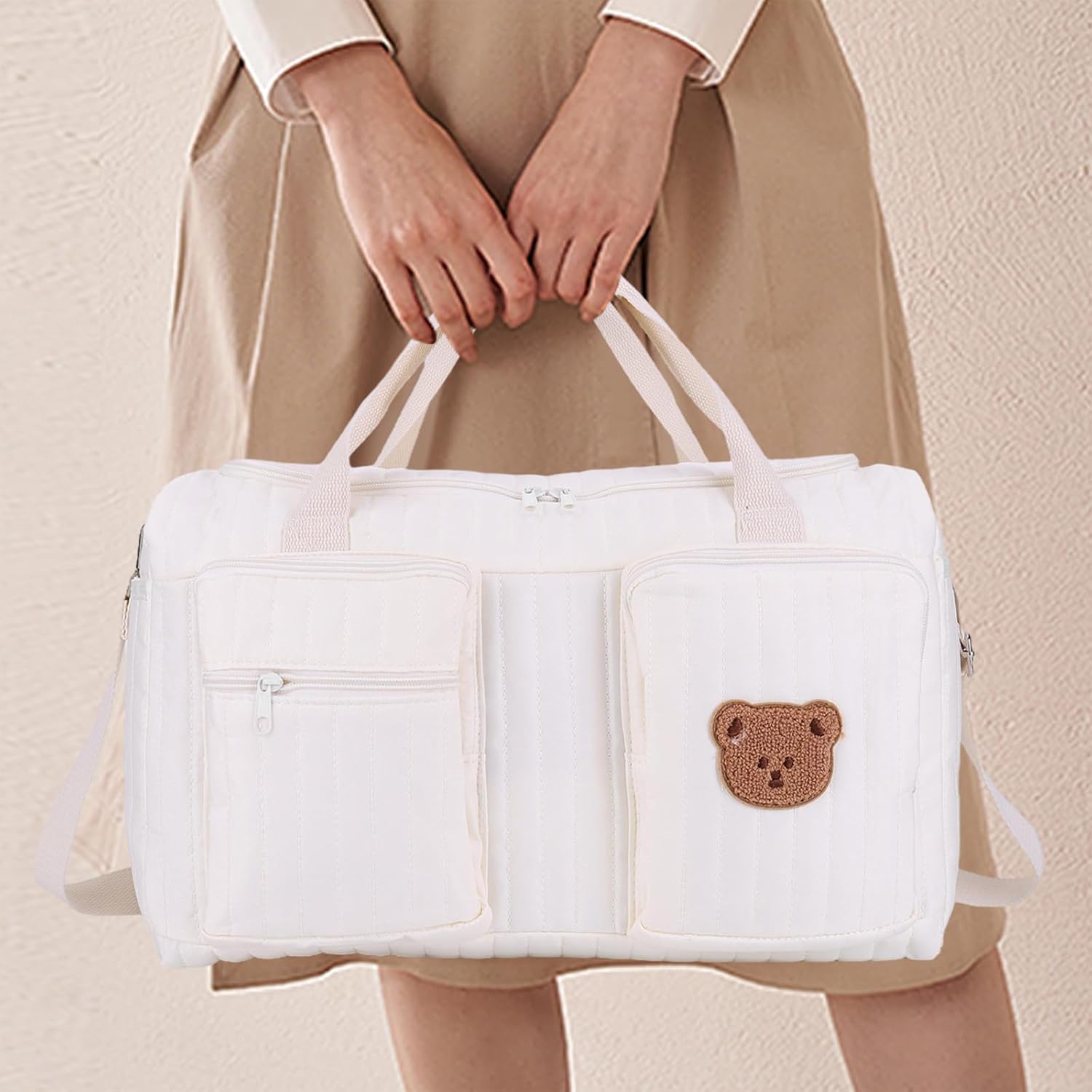 Quilted Teddy Bear Diaper Bag – Large Capacity Baby Duffle with Compartment, Soft Portable Nappy Bag for Hospital, Travel & Daily Use – Cute Mommy Maternity Tote, 18.9x8.7x10.2in