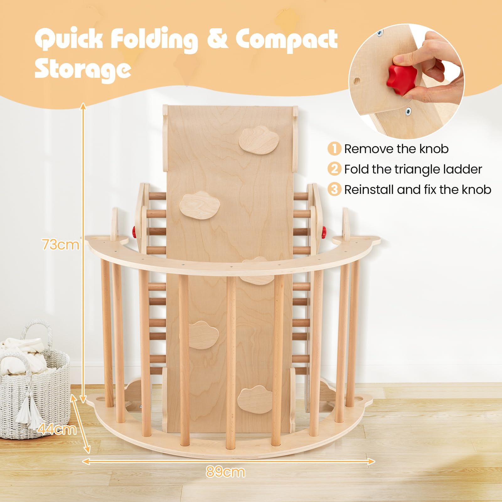 FANTASK Triangolo da arrampicata 4 in 1 con scivolo, arco da arrampicata, rampa a doppia faccia, struttura in legno per arrampicata, scivolo e altalena, montessori triangolo per i 3 anni (naturale)